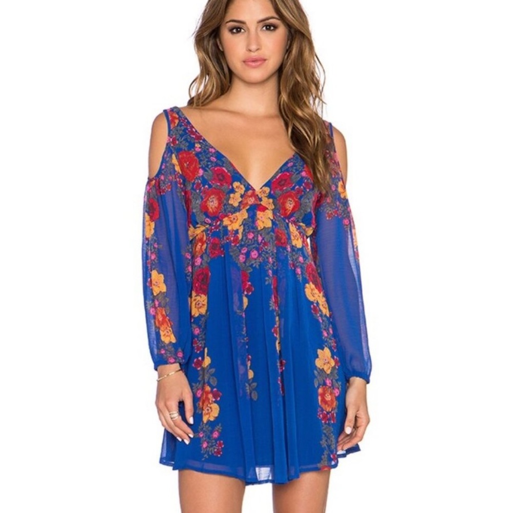 Free People Penny Lover Cobalt Floral Cutout Tie Sleeve Draped Mini Dress - XS